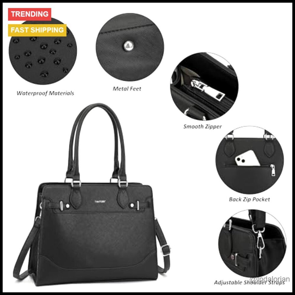 Structured Vegan Leather Satchel Tote Bag Top Handle Shoulder Work Bag - Picture 3 of 6